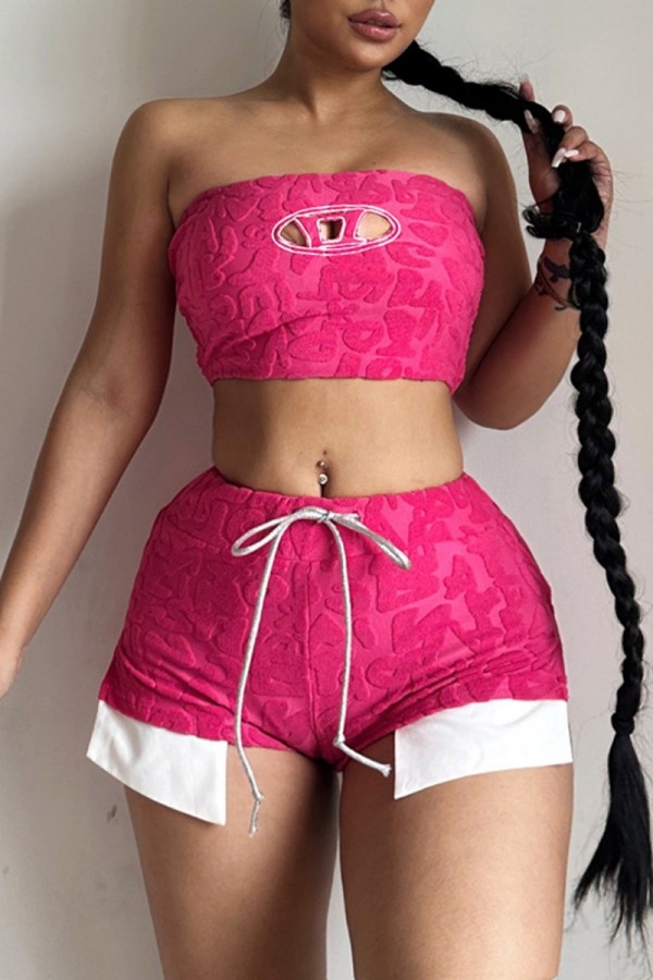 Pink Sexy Casual Solid Hollowed Out Backless Strapless Sleeveless Two Pieces