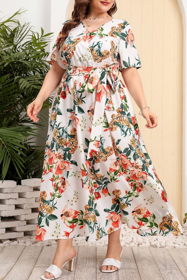 Cream White Casual Print Patchwork V Neck Long Dress Plus Size Dresses