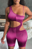 Turquoise Street Striped Bandage Hollowed Out Backless Spaghetti Strap Skinny Rompers