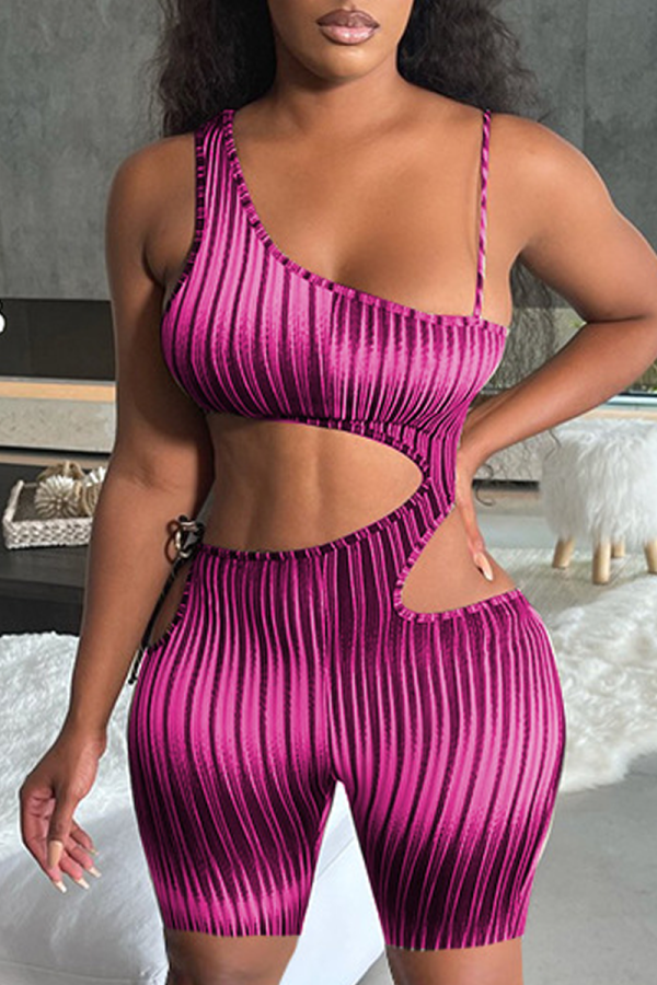 Rose Red Street Striped Bandage Hollowed Out Backless Spaghetti Strap Skinny Rompers