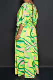 Green Casual Print Patchwork Slit Fold V Neck Irregular Dress Dresses