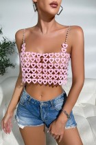 Pink Sexy Solid Hollowed Out See-through Backless Spaghetti Strap Tops