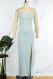 Mint green Sexy Casual Solid Backless Slit Spaghetti Strap Long Dress Dresses