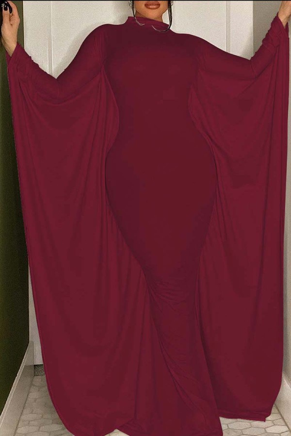 Burgundy Casual Solid Patchwork Half A Turtleneck Irregular Dress Dresses