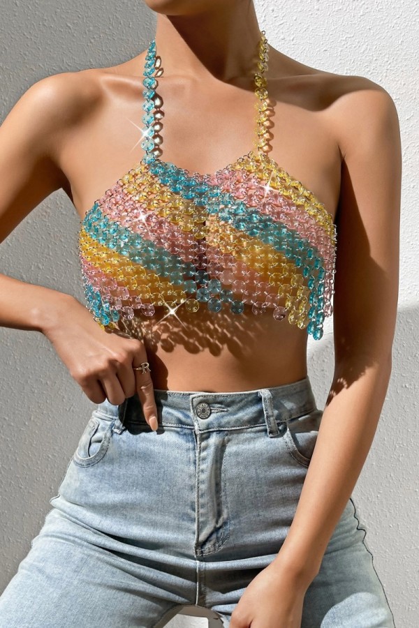 Colour Sexy Patchwork Chains Backless Contrast Halter Tops
