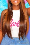 White Casual Letter Print Basic O Neck Tops