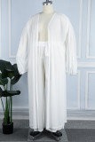 White Sweet Solid See-through Mesh Cardigan Collar Plus Size Two Pieces(Without Bikinis )