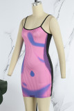 Purple Sexy Print Patchwork Backless Spaghetti Strap Wrapped Skirt Dresses