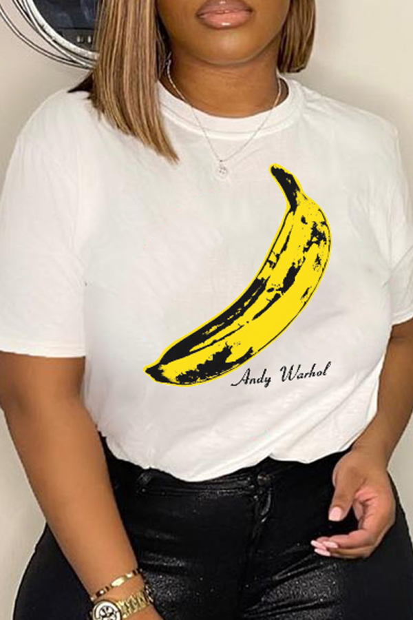 White Casual Daily Print Patchwork O Neck T-Shirts
