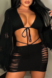 Pink Sexy Solid Draw String O Neck Long Sleeve Two Pieces