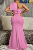 Red Sexy Formal Solid Patchwork Backless Slit With Bow Oblique Collar Evening Dress (Subject To The Actual Object)