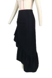Black Casual Solid Patchwork Flounce Asymmetrical High Waist Solid Color Bottoms