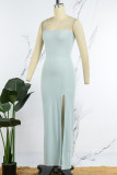Mint green Sexy Casual Solid Backless Slit Spaghetti Strap Long Dress Dresses