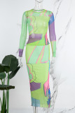 Green Purple Street Print Patchwork Mesh O Neck Long Sleeve Two Pieces