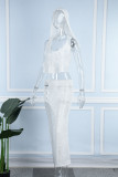 Silver Sexy Solid Hollowed Out Backless Hooded Collar Sleeveless Two Pieces