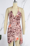 Multicolor Sexy Print Backless High Opening Strap Design Halter Sleeveless Two Pieces