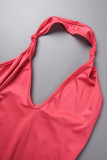 Rose Red Sexy Casual Solid Backless Halter Skinny Jumpsuits