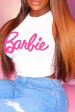 White Casual Letter Print Basic O Neck Tops