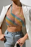 Colour Sexy Patchwork Chains Backless Contrast Halter Tops