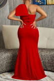 Red Sexy Formal Solid Patchwork Backless Slit With Bow Oblique Collar Evening Dress (Subject To The Actual Object)