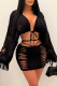Black Sexy Solid Draw String O Neck Long Sleeve Two Pieces