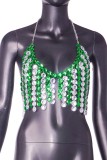 Green Sexy Patchwork Chains Backless Halter Tops