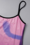 Purple Sexy Print Patchwork Backless Spaghetti Strap Wrapped Skirt Dresses