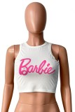 White Casual Letter Print Basic O Neck Tops