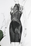 Black Sexy Patchwork Hot Drilling Tassel Hollowed Out See-through Mandarin Collar Sleeveless Dress Dresses