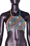 Colour Sexy Patchwork Chains Backless Contrast Halter Tops