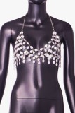 White Sexy Patchwork Hollowed Out See-through Chains Backless Halter Tops