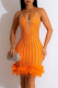 Orange Sexy Patchwork Hot Drilling Bandage Backless Sleeveless Dress Dresses