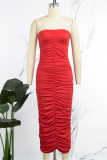 Red Sexy Casual Solid Backless Fold Strapless Sleeveless Dress Dresses