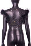Black Sexy Patchwork Rhinestone Hollowed Out See-through Feathers O Neck Tops