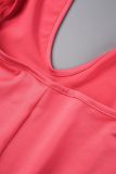 Rose Red Sexy Casual Solid Backless Halter Skinny Jumpsuits