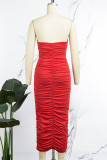 Red Sexy Casual Solid Backless Fold Strapless Sleeveless Dress Dresses