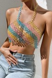 Colour Sexy Patchwork Chains Backless Contrast Halter Tops