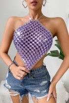 Purple Sexy Patchwork Hollowed Out Chains Backless Halter Tops