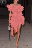 Pink Sexy Solid Patchwork Stringy Selvedge V Neck Irregular Dress Dresses