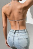 Colour Sexy Patchwork Chains Backless Contrast Halter Tops