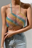 Colour Sexy Patchwork Chains Backless Contrast Halter Tops