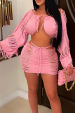 Apricot Sexy Solid Draw String O Neck Long Sleeve Two Pieces