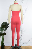 Rose Red Sexy Casual Solid Backless Halter Skinny Jumpsuits