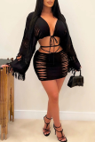 Pink Sexy Solid Draw String O Neck Long Sleeve Two Pieces