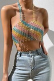 Colour Sexy Patchwork Chains Backless Contrast Halter Tops