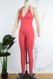 Rose Red Sexy Casual Solid Backless Halter Skinny Jumpsuits