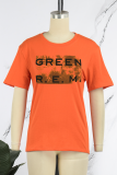 Orange Vintage Basis Print Patchwork Letter O Neck T-Shirts