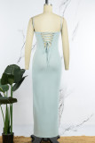 Mint green Sexy Casual Solid Backless Slit Spaghetti Strap Long Dress Dresses