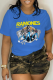 Royal Blue Casual Vintage Print Patchwork O Neck T-Shirts