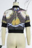 Black Street Print Letter Mandarin Collar Outerwear
